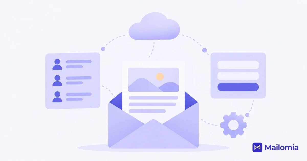 An open envelope with a newsletter inside, surrounded by a contact list, a signup form, and a gear connected to the cloud.