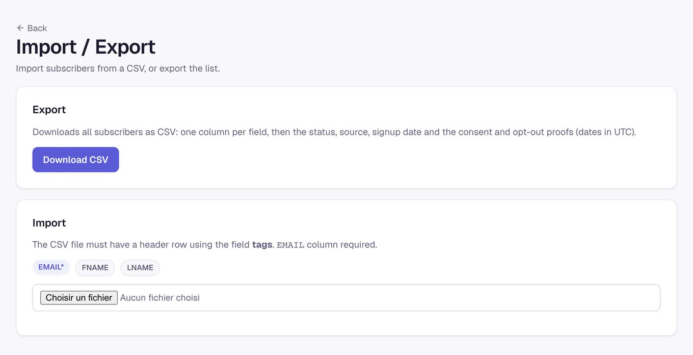 Import and export options for a list