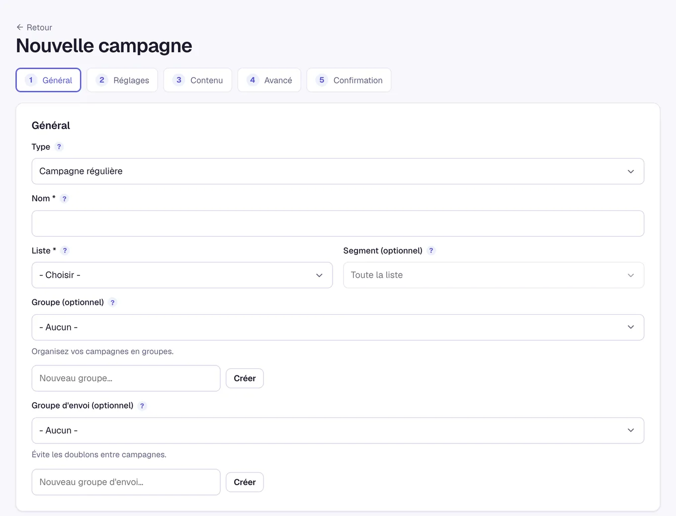 Le formulaire de nouvelle campagne