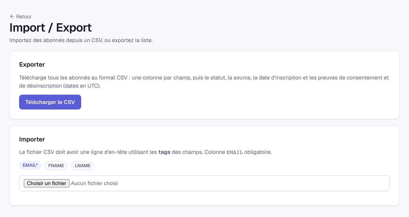 La page Import / Export d'une liste