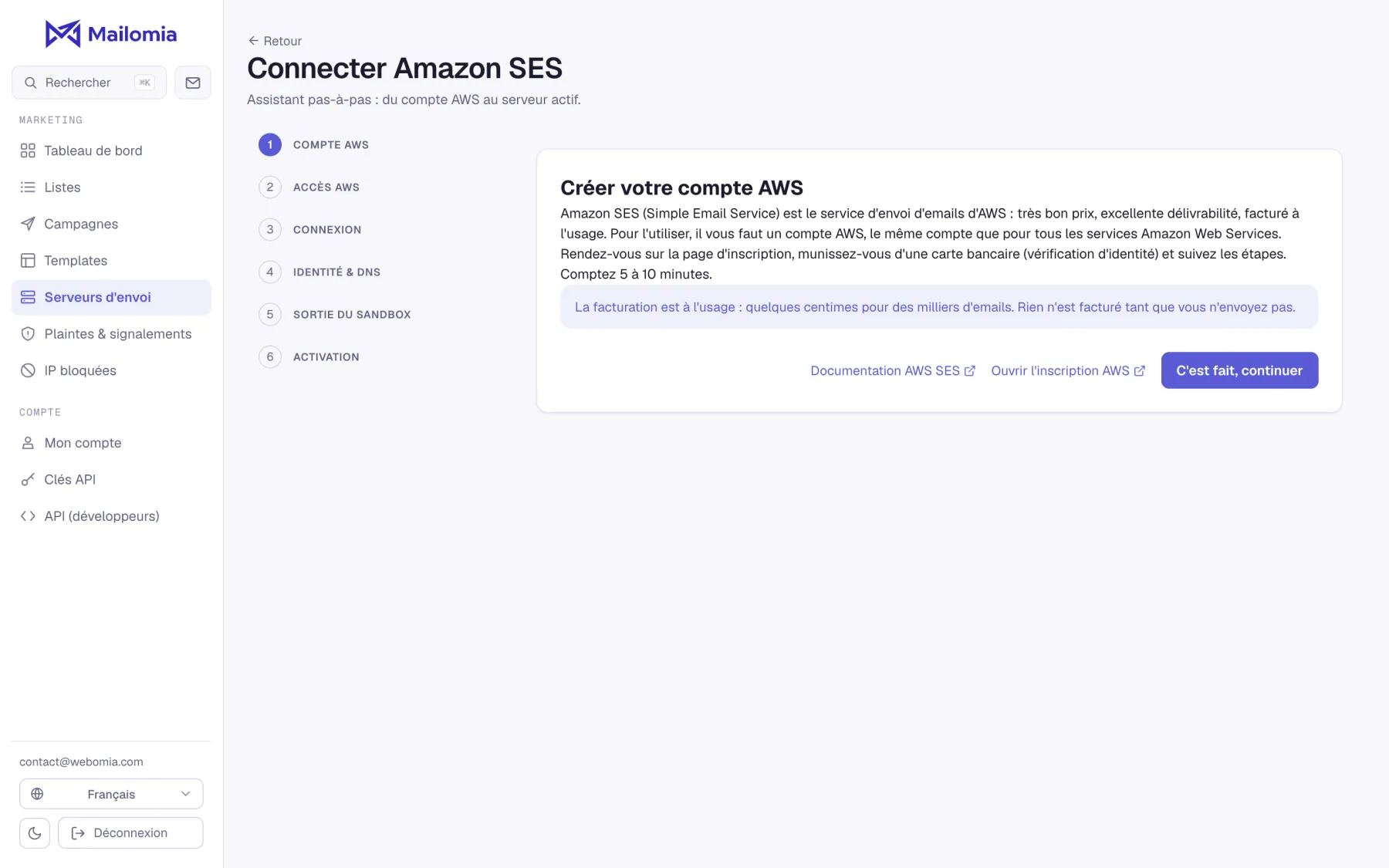 Assistant de connexion Amazon SES
